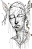 Placeholder: Ink drawing of abstract portret , line drawing, white background, negative space, splashes of soft colours