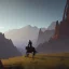 Placeholder:  mountains with medieval knight traveling on a horse in the background