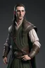 Placeholder: beautiful male on his thirties high elf ranger wearing medieval clothes with hands behind his back