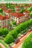 Placeholder: genera un paisaje de una ciudad ecosustentable, en medio de un bosque frondozo, donde hay arboles frutales en las calles. solo arboles de nueces, es una ciudad limpia, ordenada, sin edificios, con casas de dos pisos, y tejas rojas