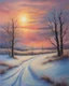 Placeholder: Painting of a snowy winter sunset on the plain, oil pastel painting, oil pastel style, fabriano cardboard, beautiful painting, winter, snow, sunset, vibrant colors, painted by Thomas Kinkade, masterpiece, detailed oil pastel details, high quality, 4k