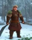 Placeholder: strong medieval warrior with short blond hair, blue eyes and wide warm smile with an axe with green and brown clothes