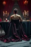 Placeholder: "prompt": "A dark, moody, surreal scene of a rugged auto mechanic at a decadent high tea. Instead of workwear, he now wears a flowing, high-fashion silk gown — glossy black with crimson undertones, draped dramatically yet smeared with streaks of oil and dust. BALL gown clings to his BUFF muscular frame while long folds cascade onto the cracked marble floor. He sits at a grand, candlelit tea table covered in black velvet, where tarnished silver trays hold eerie pastries, shattered porcelain cups
