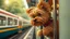 Placeholder: brown toy terrier as anime character(Hayao Miyazaki) traveling by train, leaned out the open door of the train, Holding the handle,The wind stirs the wool, Head on the left side,The train passes by the camera from left to the right