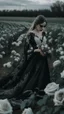 Placeholder: black lace scarf and dirty wedding dress in a field of white roses.cinematic picture