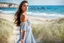 Placeholder: long shot ,full body, 1 beautiful Turkish girl with nice blue eyes wearing a pretty dress makeup (walks in beach toward camera) , sharp focus, natural light, vertical composition, relaxed and natural, fresh and comfortable .