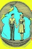 Placeholder: Vintage pop art style, men and women holding hands around a globe