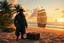 Placeholder: create a wide surreal scene of a pirate standing on a golden beach with a treasure chest full of coins in front of him, palms and tropical vegetation behind, pirate ship floating in the ocean. The pirate’s figure is semi-transparent, showing the chest, ship and coastline within his silhouette in a glowing double exposure. Ocean breeze in his coat, warm sunset tones, rich natural details, fantasy realism --v 7 --style raw --ar 16:9
