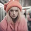 Placeholder: Billie eillish, sad,in the metro in the style of a polaroid,, pink,orange, with a knitted hat, singing