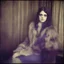 Placeholder: Theda bara, Hippie girl, jeans, purple fur, striped wallpaper, old autochrome
