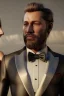 Placeholder: close-up portrait, 8K, a Highly detailed stunning image of Dom man with a submissive woman, woman sitting, a white suit, beard, and short hair,