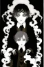 Placeholder: 7 year old boy, necromancer, friendly, looks dead, surrounded by weird smoke with eyes, wearing black robes, in the style of Harry Clarke