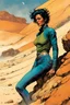 Placeholder: create a fine art print full body illustration of a rugged gritty, roughly textured Fremen female with highly detailed feminine facial features, traversing a a rocky outcrop amidst the desert sands of Arrakis, dusty, gritty, in the comic book art style of Bill Sienkiewicz, and Jean Giraud Moebius, finely textured, drawn, colored, and inked,