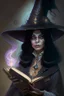 Placeholder: woman black hair middle aged magician with a spellbook big hat fantasy