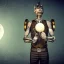 Placeholder: cyborg one man band, full moon background center large, steampunk style, horizontal image, 3d, hd