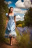 Placeholder: fullbody girl makeup wearing a victorian dress walking in country side ,flowers ,pretty clouds in blue sky