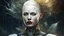 Placeholder: old worn paper, Ethereal bald white woman with thorns, thistles and plant roots on her head, cyberpunk biomechanics digital painting depicting a glowing woman with robotic features, combining human and artificial elements in a gripping sci-fi scene with intricate details and a cinematic atmosphere. Red lips, gold fragments, silver particles, wind, swirls, glare, glow from within, 8K, fine rendering, high detail, hyperrealism, high resolution, multi-layered, hyperdetail, hyperfocus,