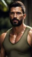 Placeholder: Portrait of an Olive skinned Man, very muscular, very handsome with short dark hair and a neatly trimmed beard, photorealistic