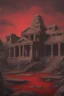 Placeholder: Broken temple with the floor covered in blood, detailed painting, red sky, bloody stone, creepy