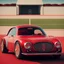 Placeholder: Concept car in red with design old car sporty with a tennis court beyond