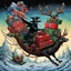 Placeholder: Surreal Plague Doctor Santa driving sleigh with pile of sinister looking presents in back, sleigh flying through sky led by undead reindeer, Style by Gerald Scarfe, by David Wiiesner, by Jeff Soto, surreal masterpiece, color ink illustration, sharp focus, dark colors, smooth, expansive, maximalist, psychedelic