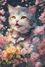 Placeholder: high resolution,best quality anime, highres,Full Body, 8k character concept,8k, pixiv, illustration, ultra-detailed, face focus,Line Art,Ink,acrylic painting,pastel painting,mysterious,elaborate,dof,Laughing cat with a bouquet of flowers,confetti of flowers, kawaii, thick eyebrows, smile, pastel colors, pop art, anime style, very delicate brushwork, clear, vivid, face Clear