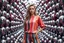 Placeholder: beautiful lady with todays modern clothing full body shot, in surreal stage made of fractal random size spheres with helical strip colors in clothing similar to environment full body posing to camera,animating background metallic random color cubes