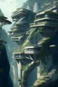 Placeholder: many alien buildings with balconies overhanging a cliff top with bridges and trees and rampant foliage