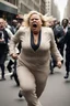 Placeholder: an obese terrified blonde woman crying and sobbing in a pant suit desperately running away from an angry mob of thousands of black people chase her down a city street