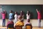 Placeholder: class of children's students, view from the back of the class, looking at the blackboard, real photography, reality, photojournalism