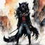 Placeholder: ink wash and watercolor full body concept illustration of an anthropomorphic, adventurous Black Wolf, urban guerilla girl character with wildly flowing hair, ornately dressed with highly detailed feathers and facial features in the comic book style of Bill Sienkiewicz and Jean Giraud Moebius, with a fine art aesthetic, highly detailed , boldly inked, 4k UHD cinegraphic quality