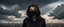 Placeholder: A One Redhead Woman In A Black Protective Mask Hat Dark Cap And A Hood Against A Dramatic Sky The Concept Of Impending Danger Epidemic Pandemic Apocalypse. Women only left side and the woman is only in the lower half of the picture