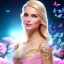 Placeholder: Full body Princess, woman blondie, make up, beautiful smiling face,blue eyes, beautiful place,amazing, flowers, colors, blue and pink butterfly, realistic, photo real, stars night, detailed, high contrast, 8k high definition, unreal engine 5, extremely sharp detail, light effect, light background