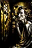 Placeholder: Create a conceptual photograph of a female figure, SALVADOR DALI STYLE MIXED WITH GUSTAV KLIMT STYLE AND TAMARA DE LEMPICKA STYLE, 3/4 SIDE VIEW, SILVER, GOLD, BLACK COLORS in a contemporary setting, incorporating provocative, thought-provoking elements. The image should demonstrate the confidence, strength and vulnerability of the subject. Consider using symbolic objects, abstract shapes, or artistic expressions that convey a strong message. The style and lighting should be modern, avant-garde