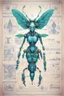 Placeholder: Hand drawn technical illustration , with detailed blueprints and engineering schematics of a robotic hybrid walking leaf insect girl, with highly detailed facial features, drawings, and technical notation, 8k, vibrant natural colors