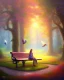 Placeholder: park mystical dream, park bench, man, woman, child, dog, trees, path, bird, sunshine, mystical, fantasy, romanticism, pastel colors, daylight, daytime, acrylic painting, detailed,