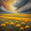 Placeholder: surreal fields of color, oil on canvas, endless warm fields full of golden yarrow under the sun, surreal thunder clouds --v 6.0 --style raw