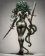 Placeholder: full-length, detailed persona, sword in hand, gorgon medusa, from the back, half-turn, leaning on one leg