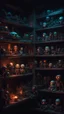 Placeholder: Si-Fi, The permanent under atmospheric lighting effects, a whole shelves of scary looking toys , intricate historical moody atmosphere, eerie grimdark ambiance, complex motherboard accents, speculative fiction art. Bokeh