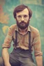 Placeholder: post punk hippie with glasses of colours and poor and short short short and poor hair on the head with receding hairline. Farsightedness glasses with big eyes. Shirt beard in the head. Vintage look and feel like photo style-of the 70s