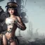 Placeholder: great illustrator, spanish, realistic rendering of a cute girl, beautiful, steampunk syle, black and white. Helmet with tubes. breathing mask. Machinery in the background. robotic bird flying. High details. 4k. unreal engine