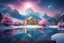 Placeholder: magnificent palace with golden dome, in the snow, bright,in the foreground icy lake of turquoise water,in front of the lake in the foreground a lot of beds of very delicate pink and yellow flowerss, magical and magical atmosphere, in the background snowy mountains, dark blue sky with stars, light particles and a small planet, stars in the sky, fir trees,little particles of light everywhere