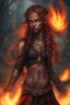 Placeholder: Fire Eladrin druid female. Hair is long and bright black part glows. Part of hair is braided and fire comes out from it. Big bright red eyes. Is generating fire with her hands . Skin color is dark. Has a big deep scar on face. Is making fire from hands