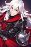 Placeholder: Vampire knight, muscular young man with long white hair, wearing black gothic full plate armor with red cape, cyan eyes