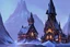 Placeholder: Harry Potter Fantasy Cartoon scholarly magic tower with wooden rafters, blue glowing crystals and dark stone covering it the the winter mountains,
