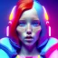 Placeholder: redhead woman teenager, freckles, padded coat, retro futuristic, latex dress, gradient color, BLUE, PINK, CYAN, neon, insanely detailed, 16k resolution, perfect eyes, cinematic smooth, intricate detail