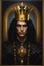 Placeholder: Gothic Gold framed painted portrait of a King wearing a gold crown. His hair is long and dark and he has dark eyes, dak fantasy