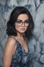 Placeholder: cross-eyed Lucy Hale/Pamela Anderson hybrid, , 4k UHD, photorealistic, ((big, full, plump, pouty lips:1.5)) black hair, big cat-eye eyeglasses, dark blue foggy gradated marble wall background