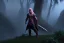 Placeholder: dark elf man, drizzt, pink eye, fantasy, forest, sunset, mystic, fog render unreal, cave exit, mountain, 2 scimitars, big landscape, green coat