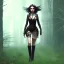 Placeholder: steampunk, dark forest, black hair, leather, long legs, full-body